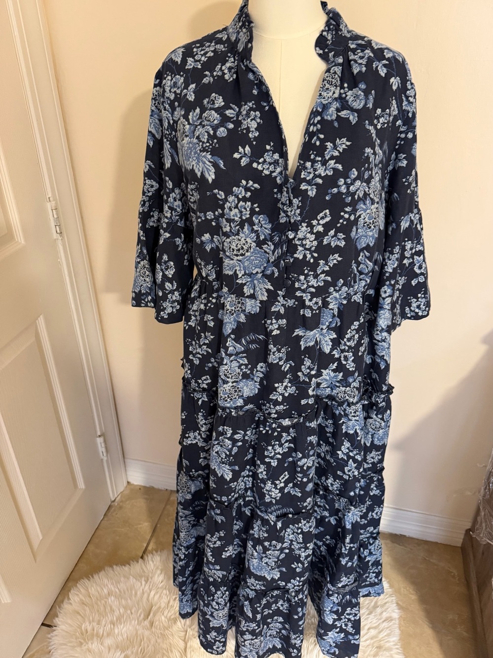 Tuckernuck Navy and Light Blue Floral Tiered Maxi Dress